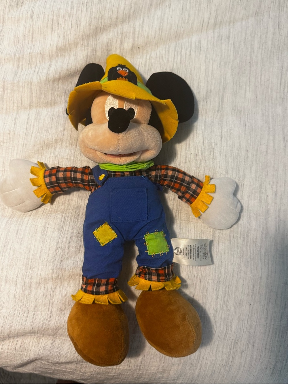 Disney Mickey Mouse Scarecrow Plush in Yellow Hat and Blue Overalls